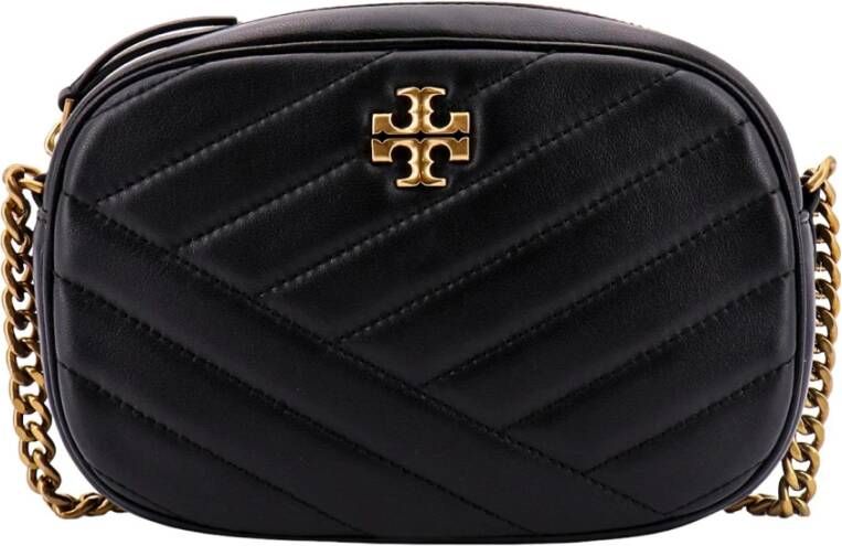 TORY BURCH Matelassé Leren Schoudertas met Metalen Logo Zwart Dames