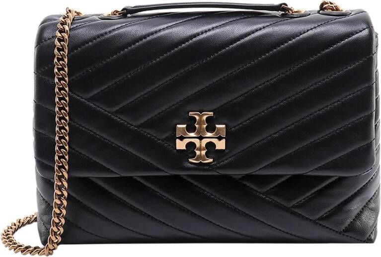 TORY BURCH Matelassé Leren Schoudertas met Metalen Logo Zwart Dames