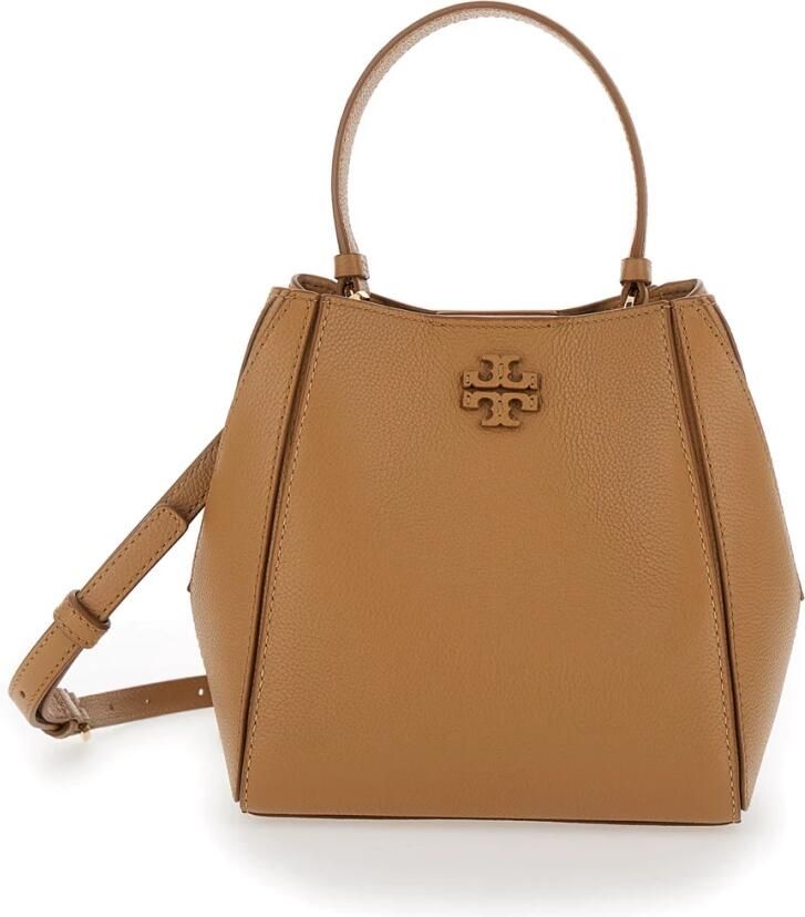 TORY BURCH Gestructureerde Leren Schoudertas met Logo Brown Dames