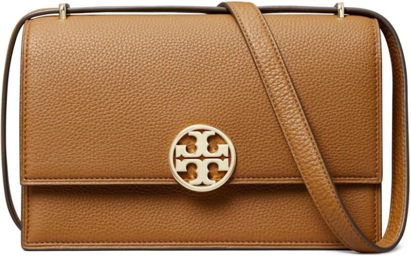 TORY BURCH Schoudertas van generfd leer met logo Brown Dames