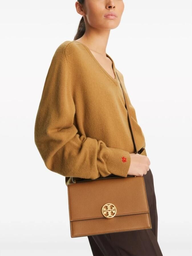 TORY BURCH Schoudertas van generfd leer met logo Brown Dames - Foto 3