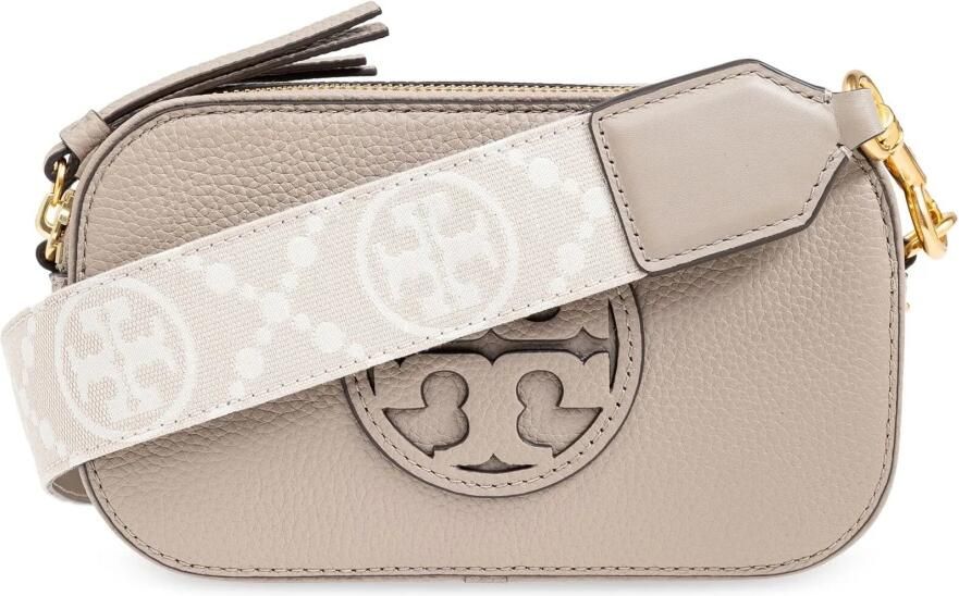 TORY BURCH Beige Leren Schoudertas met Double T Motief Beige Dames
