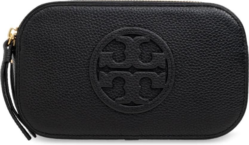TORY BURCH Zwarte Leren Schoudertas met Dubbele Ritssluiting Black Dames