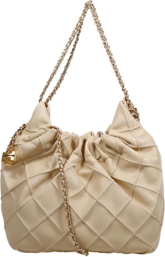 TORY BURCH Leren tas met diamantpatroon en kettingen Beige Dames