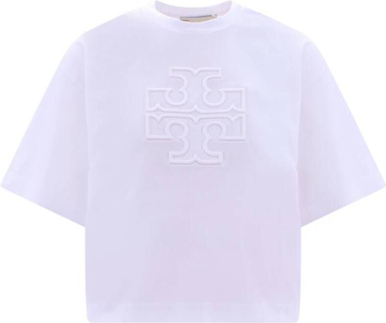 TORY BURCH Wit Ss23 Crop Fit T-Shirt met Maxi Ingedrukt Logo White Dames