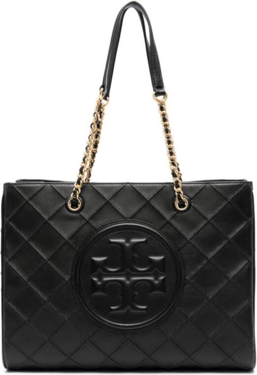 TORY BURCH Zwarte Leren Tote Tas met Diamantpatroon Black Dames