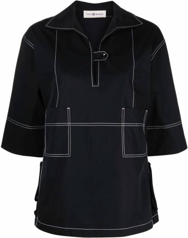 TORY BURCH Zwarte katoenen blouse met contraststiksels Zwart Dames
