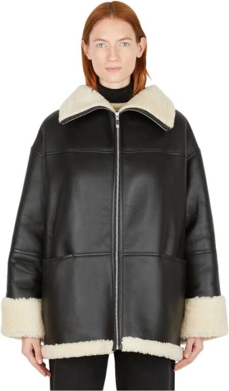TotêMe Shearling Jas met Brede Kraag Black Dames