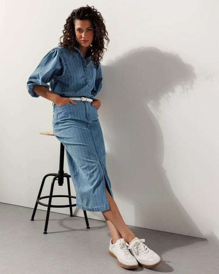Tramontana Pinstripe Denim Blouse Lange Mouw Blue Dames
