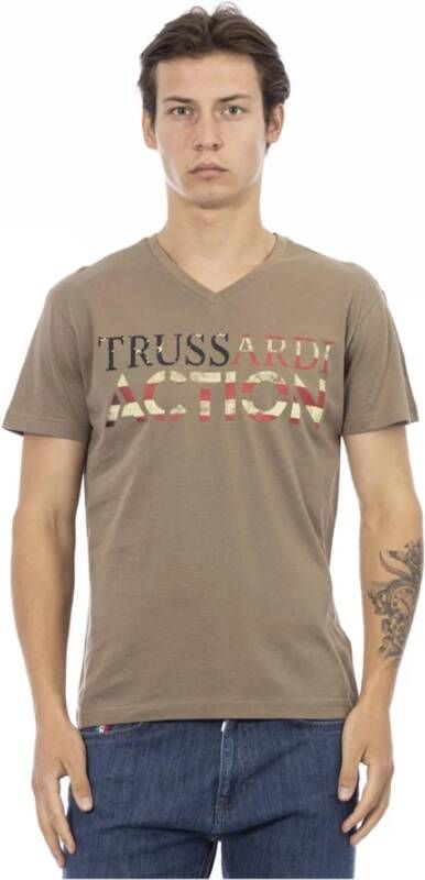 Trussardi Bruine V-Hals T-Shirt met Voorkant Print Brown Heren