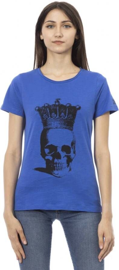 Trussardi Blauw Katoenen T-shirt met Korte Mouwen en Voorkant Print Blue Dames