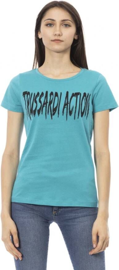 Trussardi Lichtblauw Katoenen T-shirt met Korte Mouwen en Print op de Voorkant Blue Dames