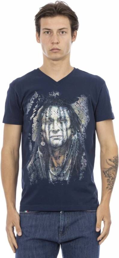 Trussardi Casual V-hals T-shirt met Front Print Blue Heren