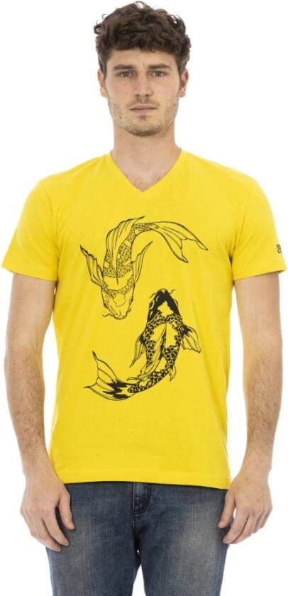 Trussardi Gele V-Hals T-Shirt met Print Yellow Heren