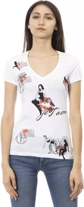 Trussardi Witte Katoenen V-Hals T-Shirt met Voorkant Print White Dames