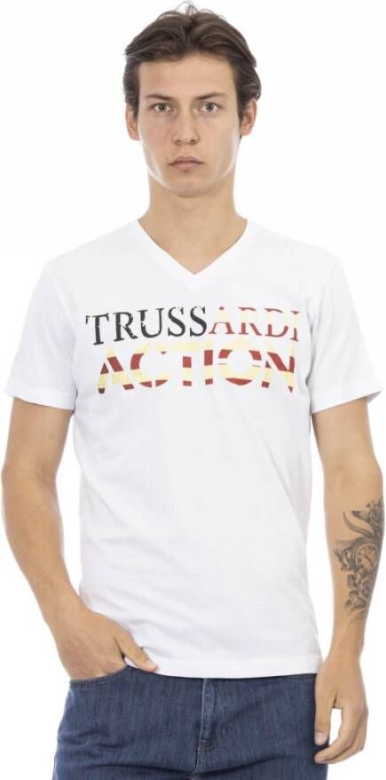 Trussardi Wit V-Hals T-Shirt met Voorprint White Heren