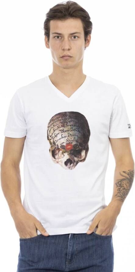 Trussardi Elegant wit V-hals T-shirt met subtiel print White Heren