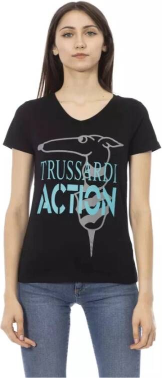 Trussardi Zwart Katoenen V-Hals T-Shirt met Voorkant Print Black Dames