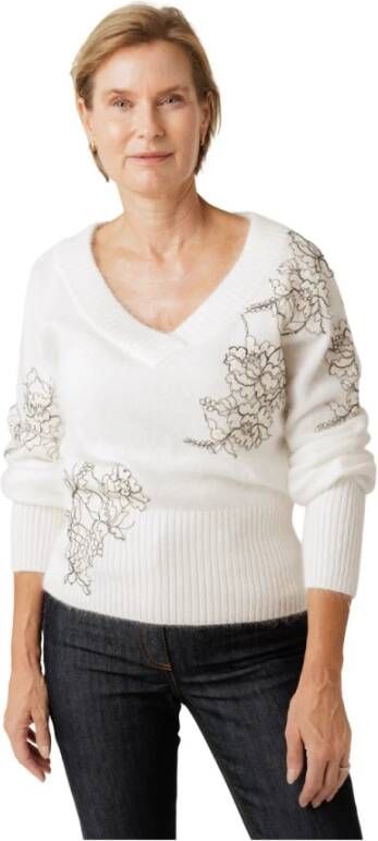 Twinset Bloemen V-hals Sweater met Ribgebreide Boorden White Dames