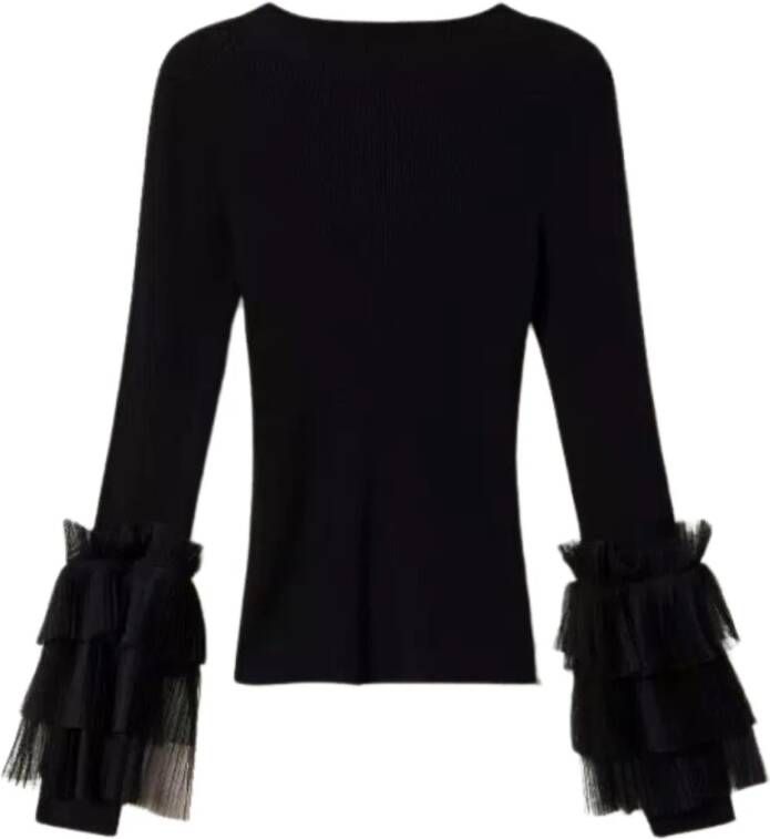 Twinset Elegante Sweatshirt met Lange Mouwen en Tule Detail Black Dames