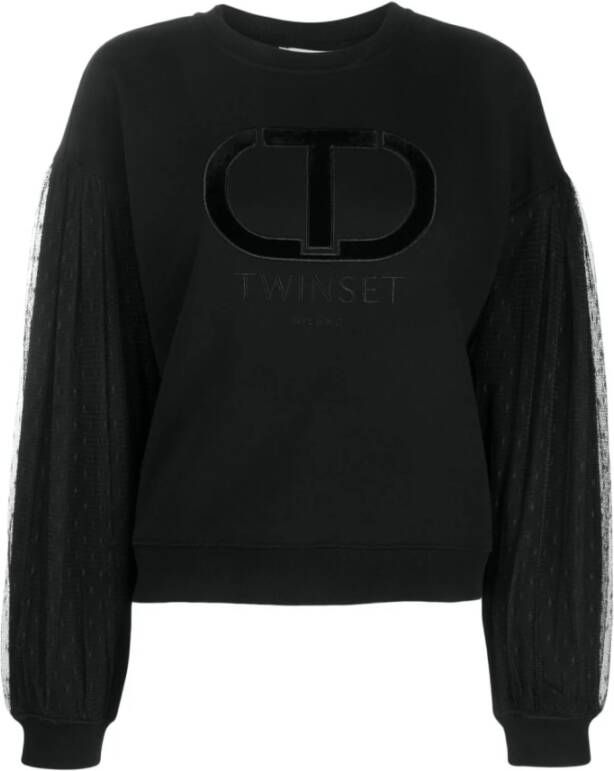 Twinset Crew-Neck Sweatshirt met Plumetis Mouwen Zwart Dames
