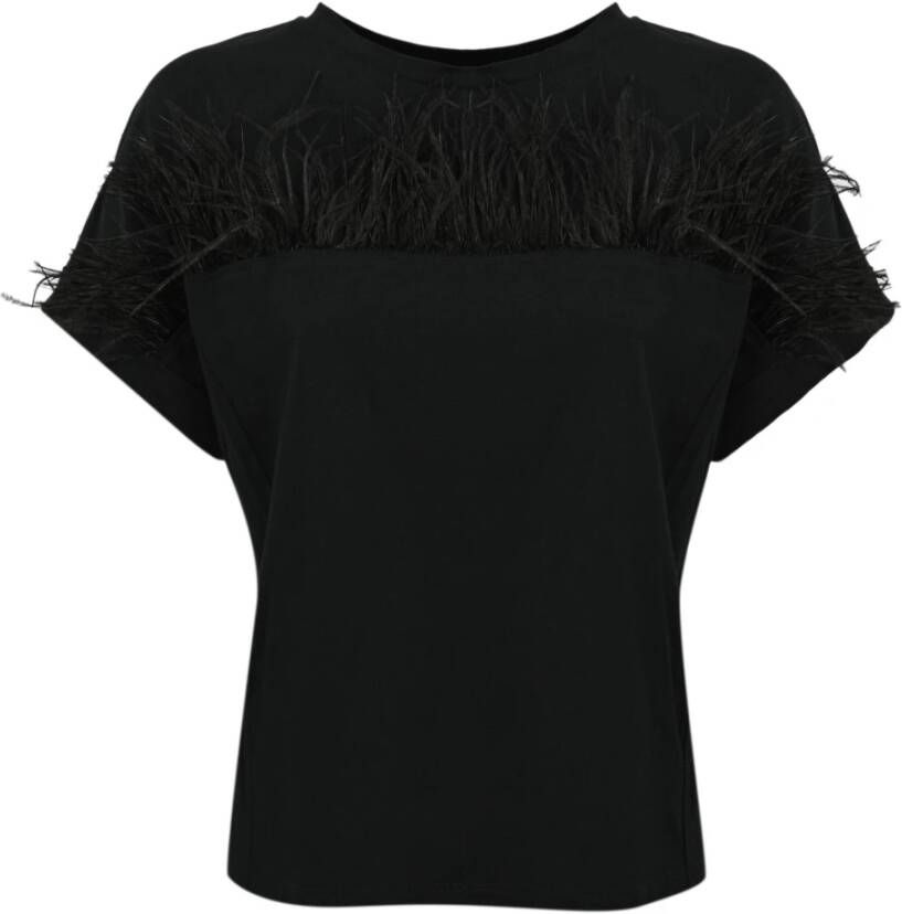 Twinset Dames T-shirt met veren: Korte mouwen ronde hals reguliere pasvorm zwart Black Dames