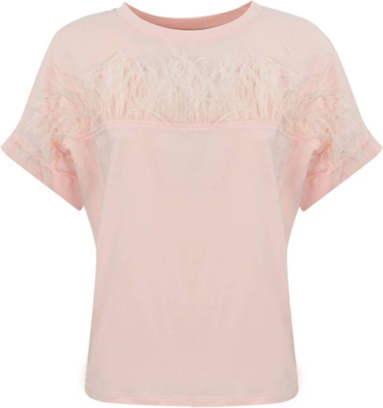 Twinset Dames T-shirt met veren: Korte mouwen ronde hals Roze Dames