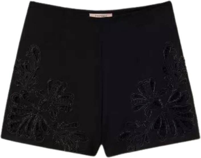 Twinset Hooggetailleerde Shorts met Geborduurde Stretch Viscose Zwart Dames