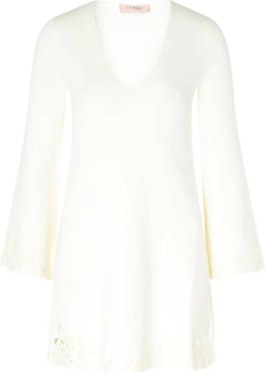 Twinset Korte ivoorkleurige gebreide jurk met Sangallo-borduursel White Dames