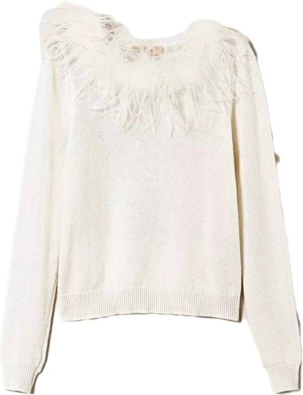 Twinset Gebreide Katoenen Trui met Afneembare Veer Inzet White Dames