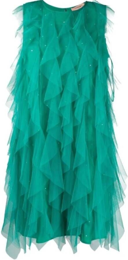 Twinset Versierde Gerimpelde Tule Jurk Green Dames
