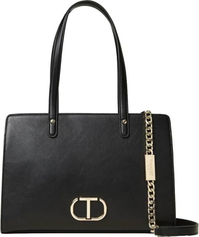 Twinset Multitasking Shopper Tas van Glad Leer met Gouden Ovalen T Detail Black Dames