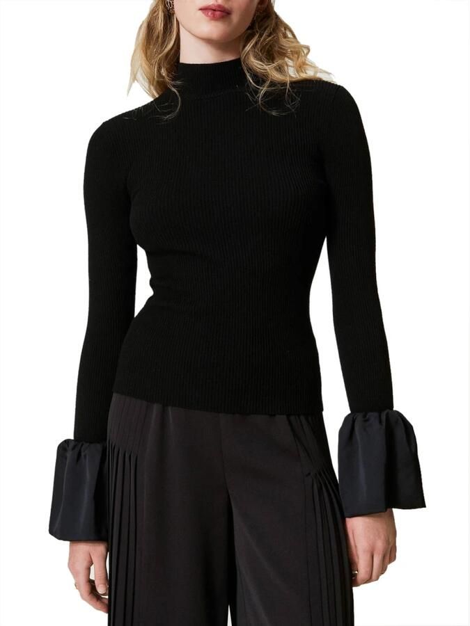 Twinset Zwarte Geribbelde Trui met Satijnen Ruche Black Dames - Foto 4