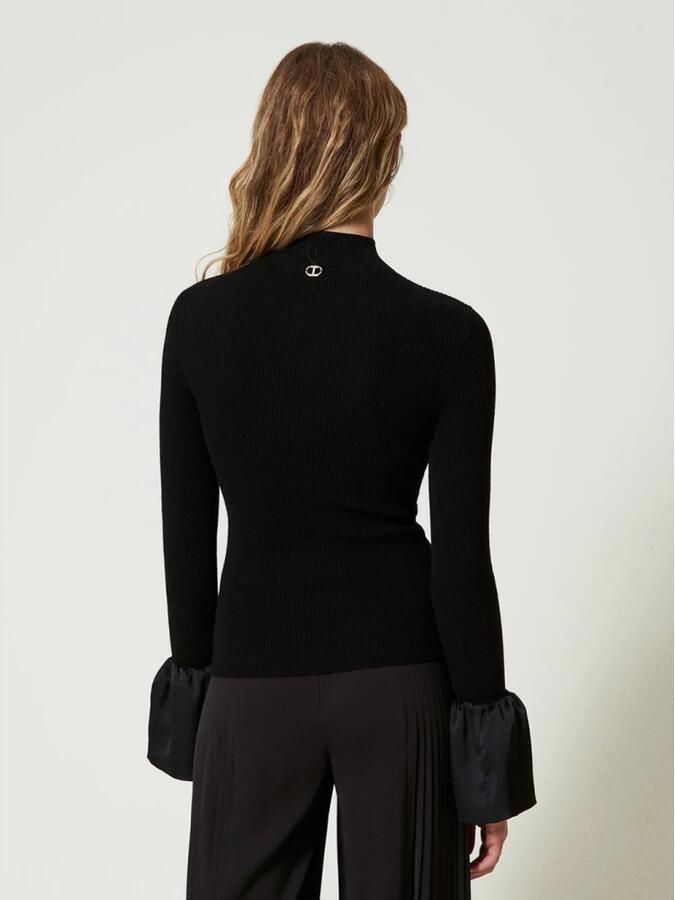 Twinset Zwarte Geribbelde Trui met Satijnen Ruche Black Dames