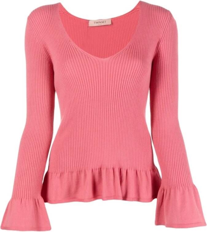 Twinset Roze Geribbelde Sweaters met Ruches Pink Dames