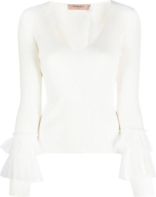 Twinset Geribbelde V-hals trui met gerimpelde mouwen White Dames