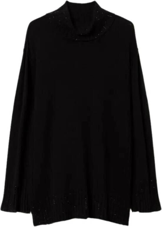 Twinset Zwarte Ribgebreide Sweaters met Strass Detail Black Dames