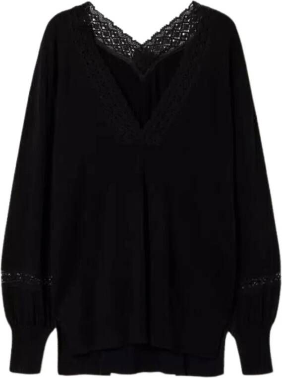 Twinset Zwarte V-hals Sweaters met Kant Inzetstukken Zwart Dames