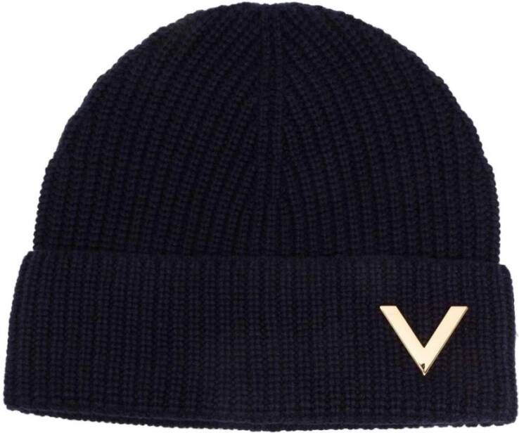 Valentino Garavani Blauwe Cashmere Beanie met Metalen V Appliqué Blauw Dames