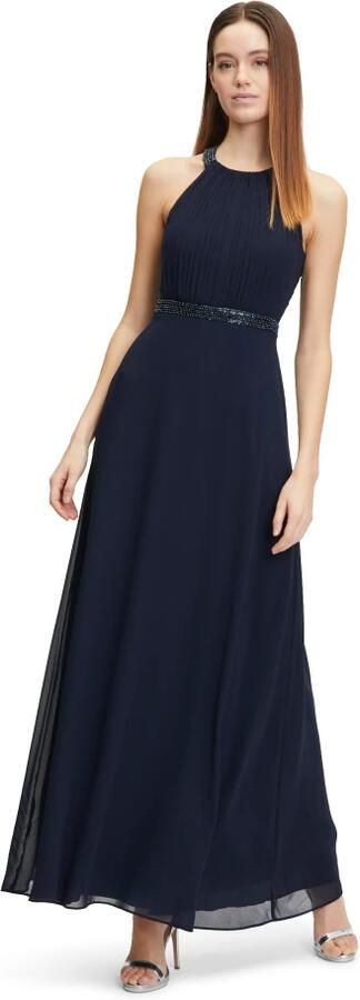Vera Mont satijnen halter maxi jurk met open rug donkerblauw
