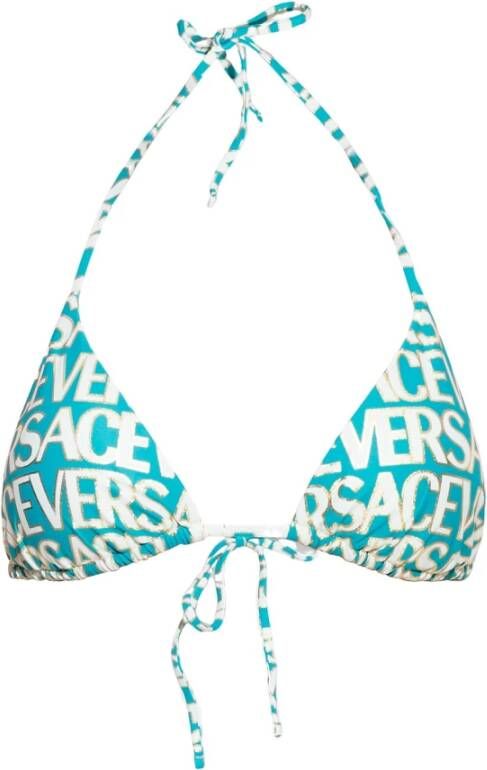 Versace Metallic-Trimmed Allover Bikini Top Blue Dames