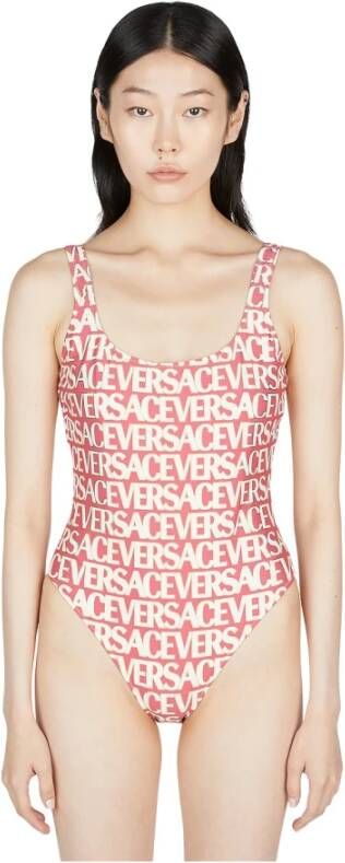 Versace Eendelig Badpak met Metallic-Afgewerkte Allover Print Pink Dames