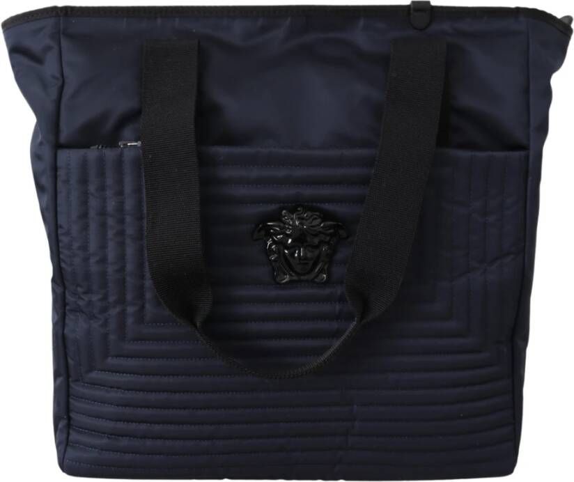 Versace Blauwe Nylon Tote Tas met Leren Details Blue