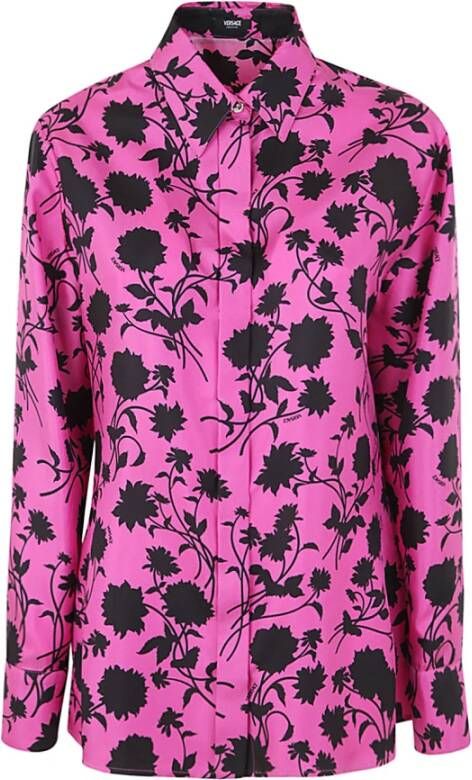 Versace Bloemen Silhouet Print Zijden Overhemd Roze Dames