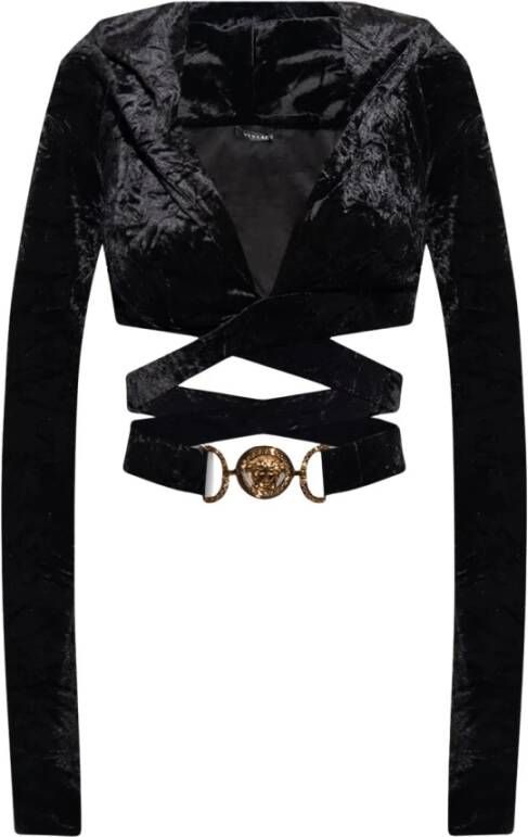 Versace Zwart Fluweel Hoodie Top met Kruislings Taille Black Dames