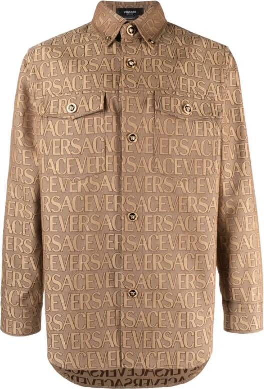 Versace Bruine Allover-Jacquard Overhemd met Handtekeningsknopen Brown Heren