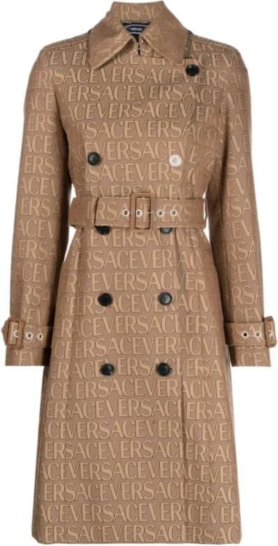 Versace Bruin+Beige Trenchcoat met Handtekeningprint Brown Dames