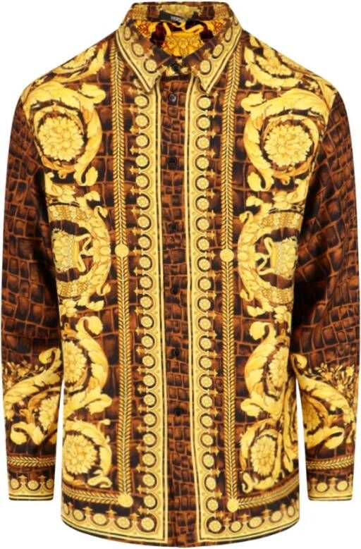 Versace Baroccodile Zijden Overhemd met Gouden Barok Detail Yellow Heren