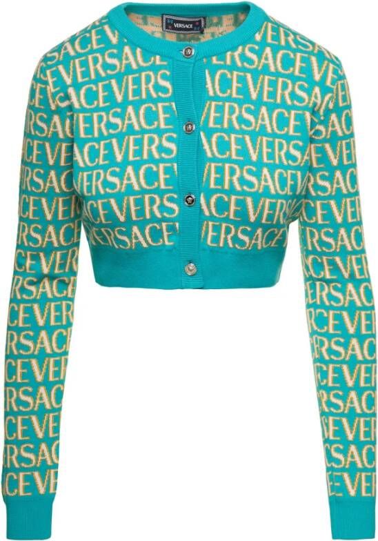 Versace Logo Gebreid Cardigan in Turquoise Blue Dames