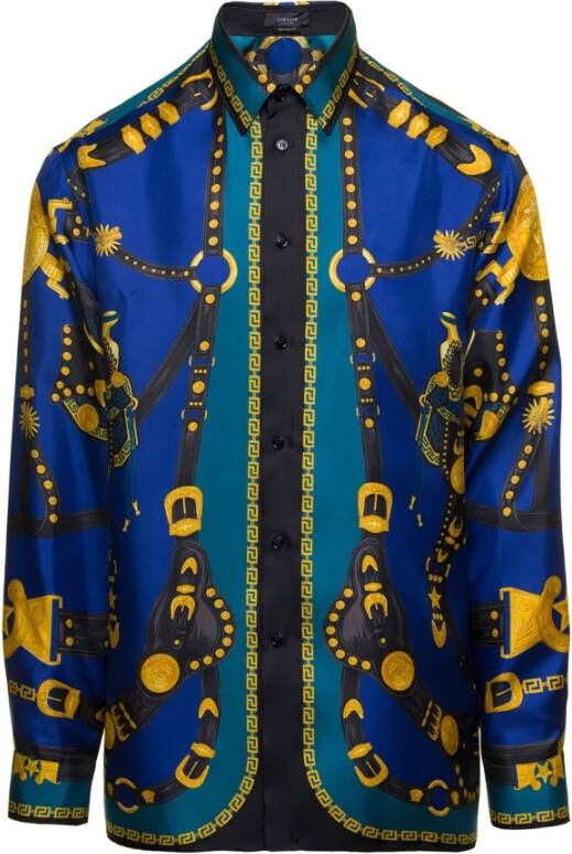 Versace Zijden overhemd met print en puntige kraag Blauw Heren